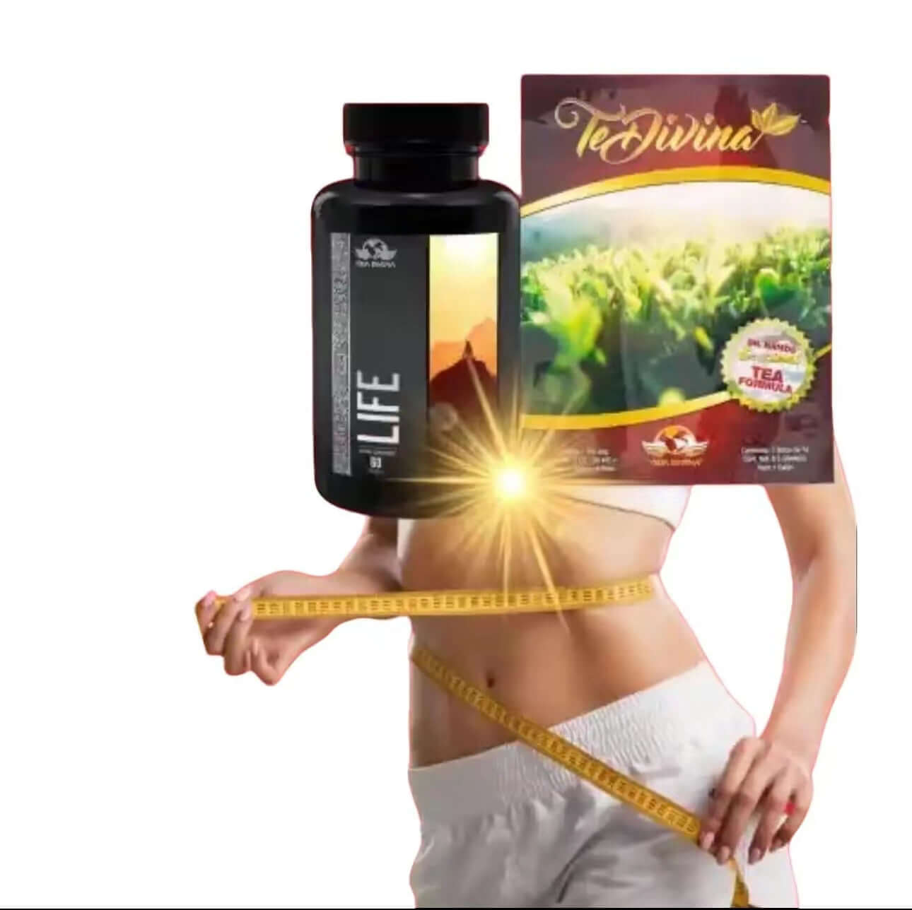 Natural wellness kit featuring Life supplement and Te Divina tea for detox and energy boost.