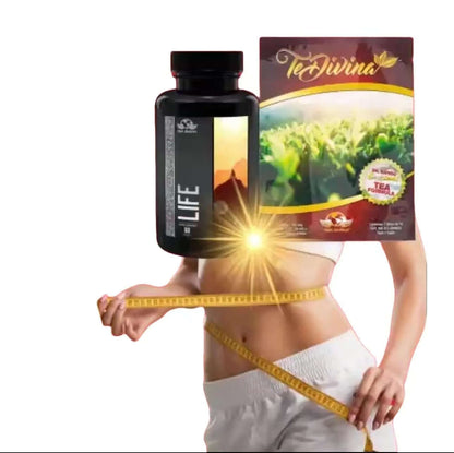 Natural wellness kit featuring Life supplement and Te Divina tea for detox and energy boost.
